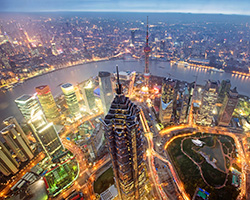 Shanghai Skyscrapers at Night in China.