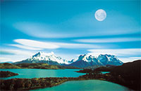 Patagonia Landscape with Lakes, Mountains, and the Moon