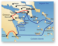 Map showing itinerary through the Greek Islands.